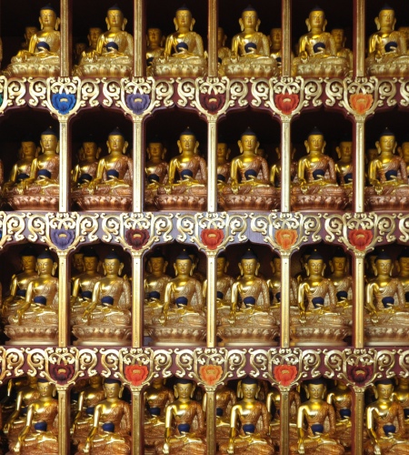 Tashi Jong Monastery shelves of Gold Buddahs - GapGuru