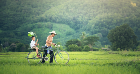 Local Cambodian man and his kid on a bike going through the rice fields - GapGuru