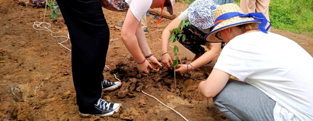 Three gap year students planting a plant - GapGuru