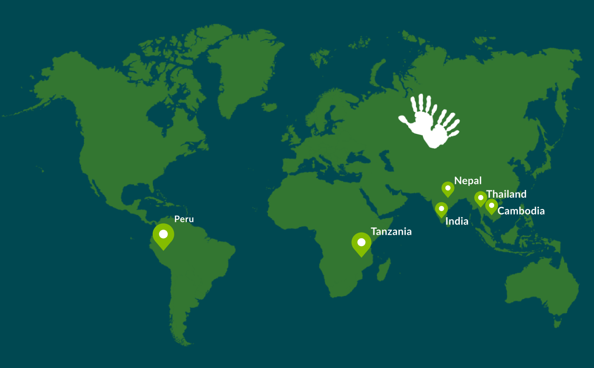 Map of areas to work with GapGuru including Nepal, Thailand, Cambodia, India, Tanzania, and Peru